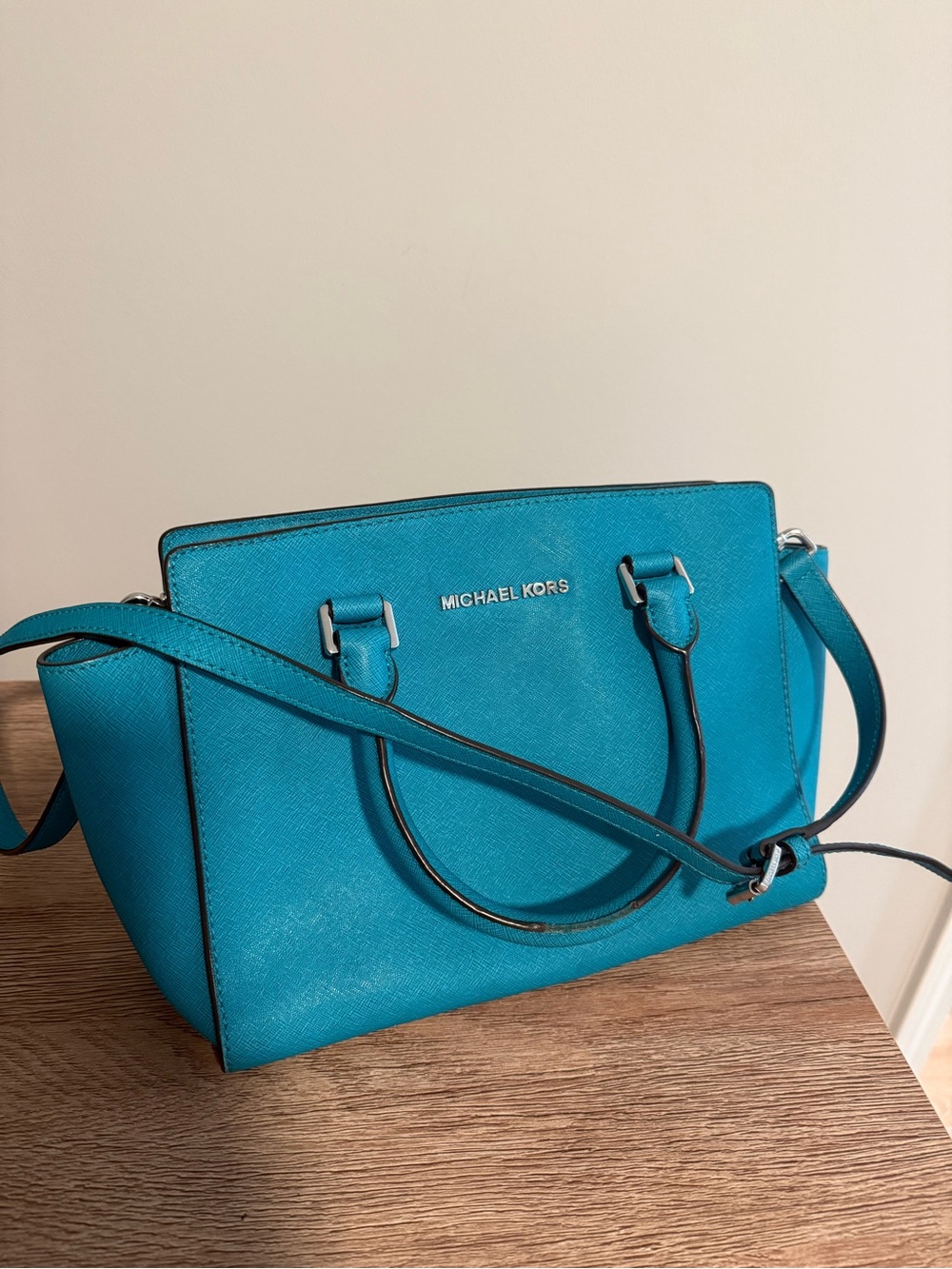 Michael Kors Bright Teal Saffiano Satchel with Crossbody Strap